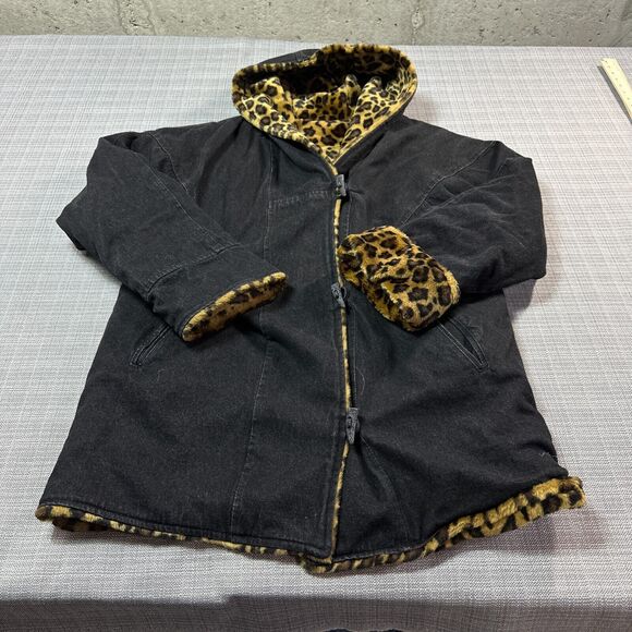 Mob Wife Faux Fur Cheetah Jacket Large Hooded Reversible to Denim Maximalist - Picture 2 of 12